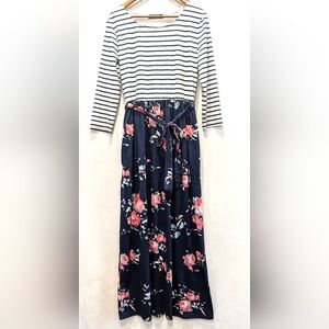 MEROKEETY women's navy stripe and floral maxi dress with belt
